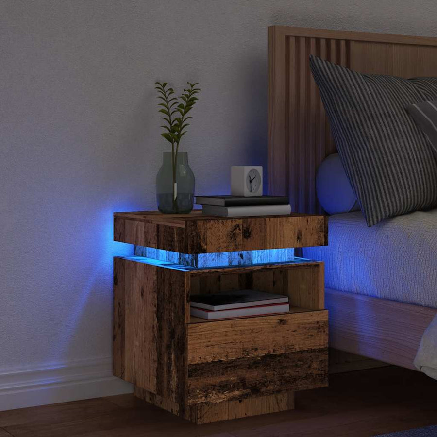 Nachtkastje met LED-verlichting 40x39x48,5 cm oud houtkleurig