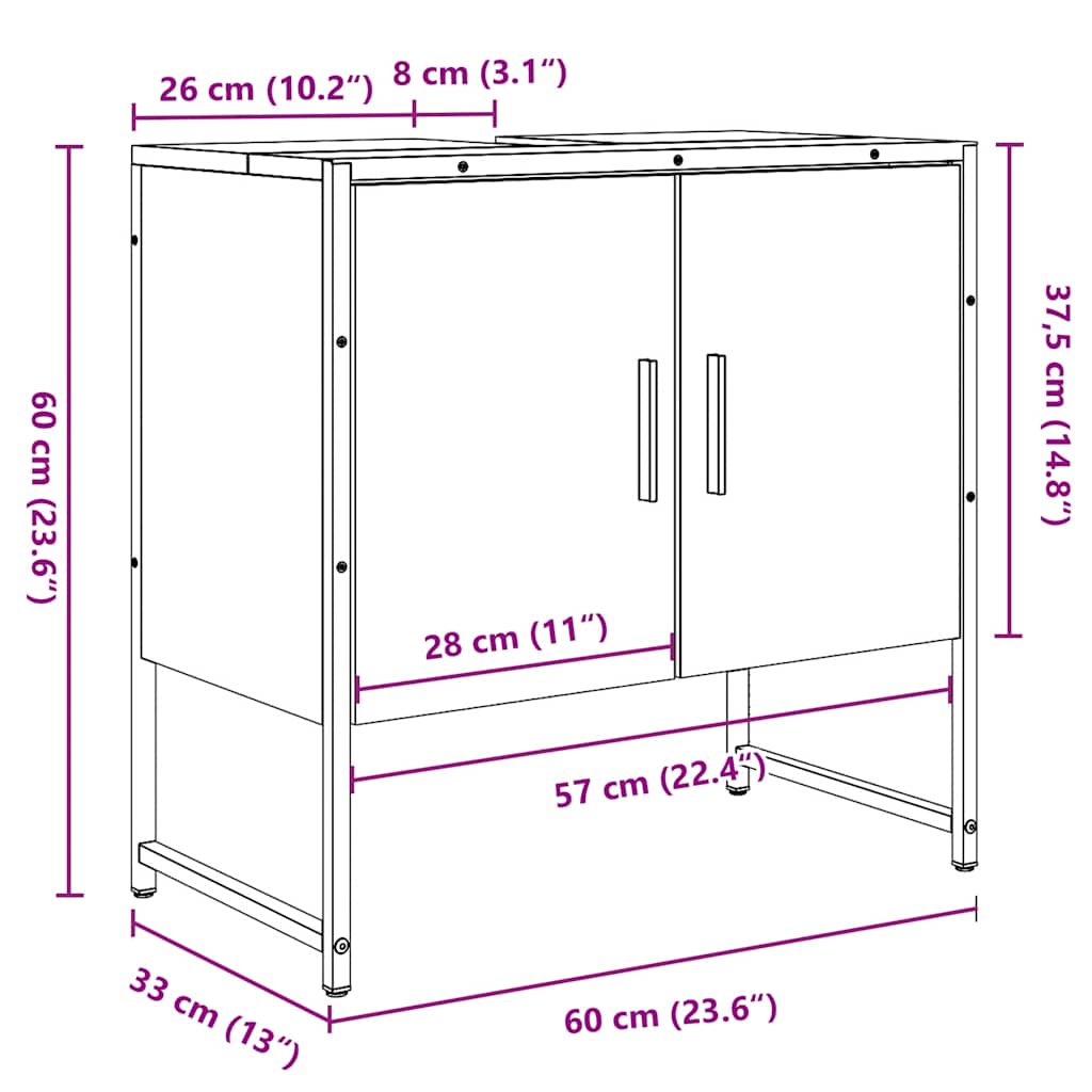Wastafelkast 60x33x60 cm bewerkt hout artisanaal eikenkleurig