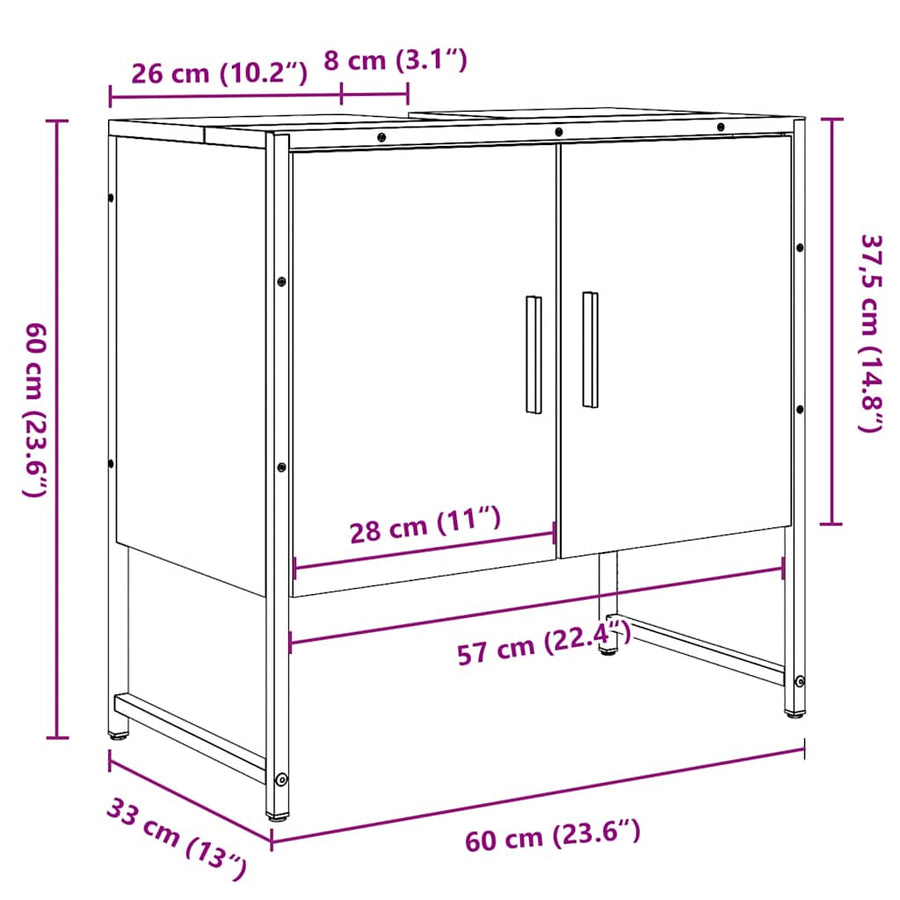 Wastafelkast 60x33x60 cm bewerkt hout artisanaal eikenkleurig