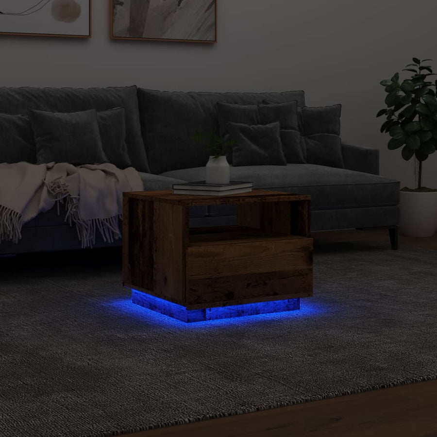 Salontafel met LED-verlichting 50x49x40 cm oud houtkleurig
