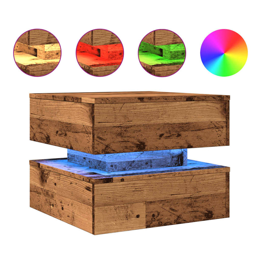 Salontafel met LED-verlichting 50x50x40 cm oud houtkleurig