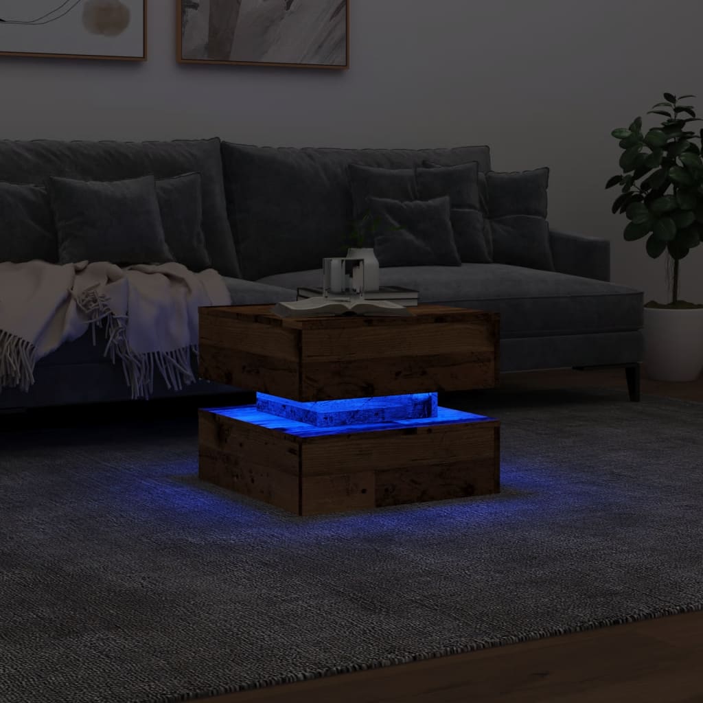 Salontafel met LED-verlichting 50x50x40 cm oud houtkleurig