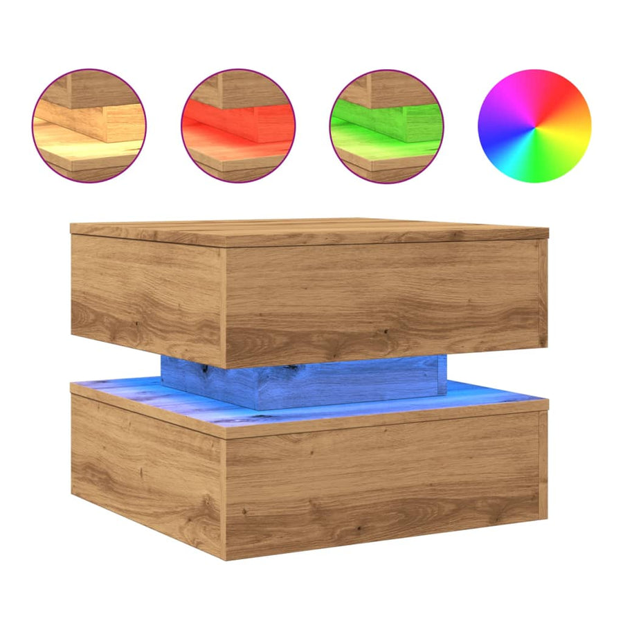Salontafel met LED-verlichting 50x50x40cm artisanaal eikenkleur