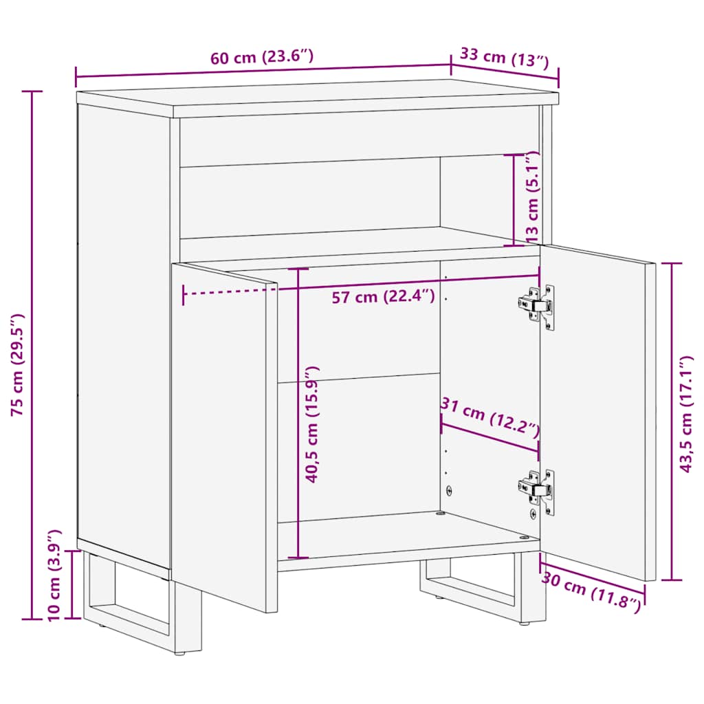 Dressoir 60x33x75 cm massief mangohout zwart