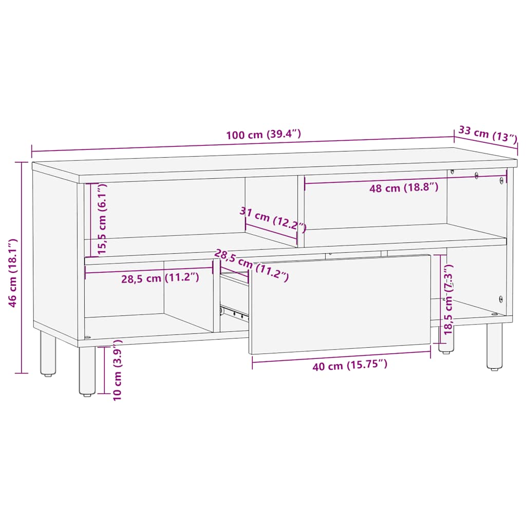 Tv-meubel 100x33x46 cm massief mangohout bruin