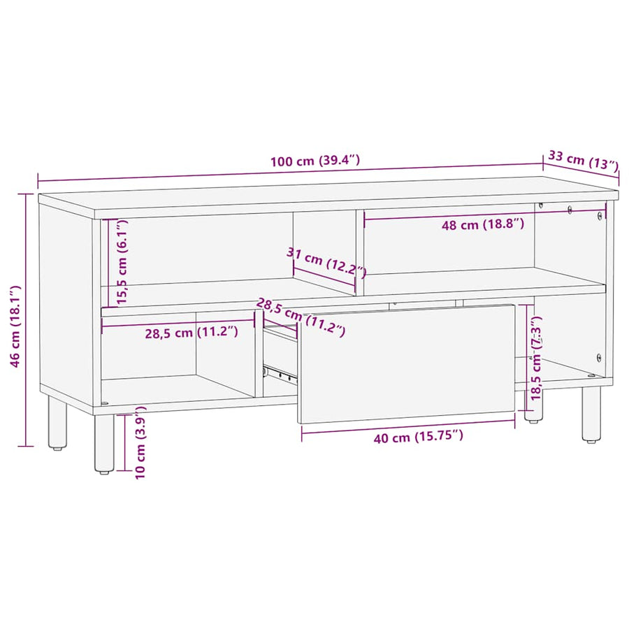 Tv-meubel 100x33x46 cm massief mangohout bruin