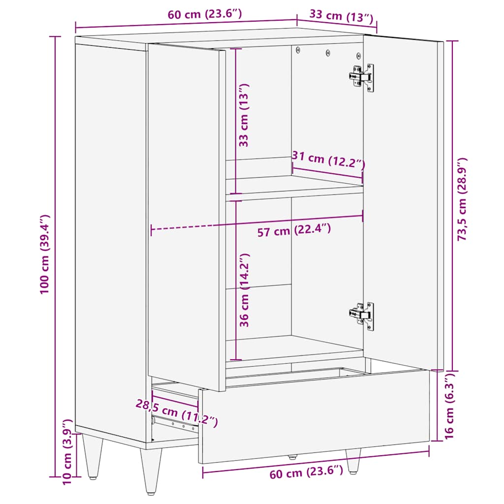 Hoge kast 60x33x110 cm massief mangohout