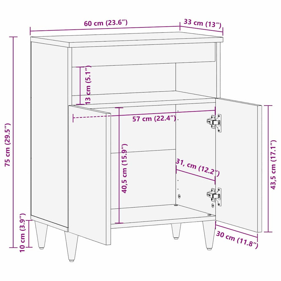 Dressoir Zwart en Goud 60 x 33 x 75 cm Massief Mango Hout