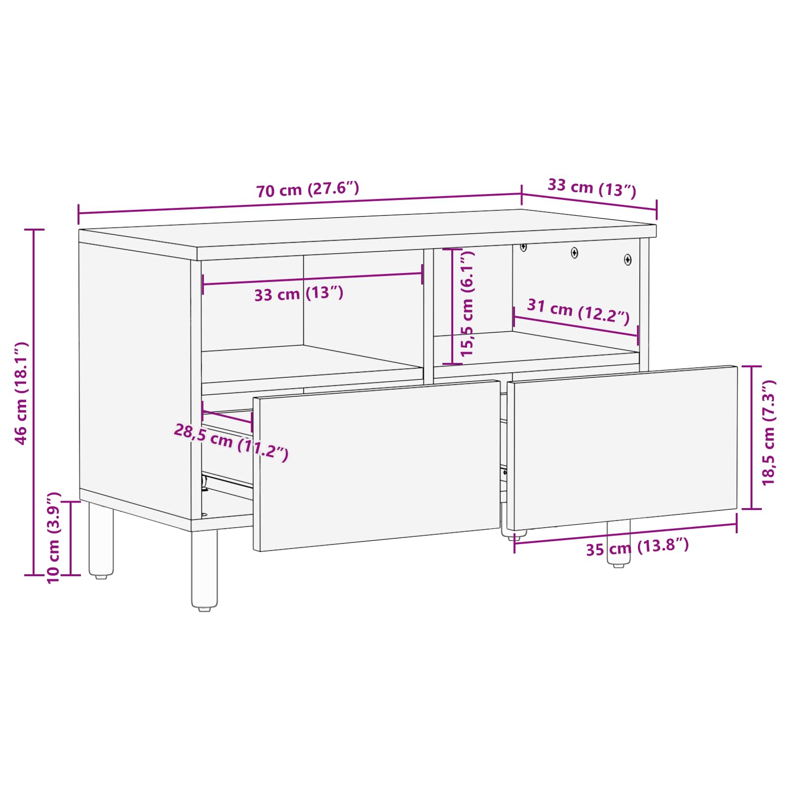 TV-kast met lade Witte Was Afwerking 70 x 33,5 x 46 cm