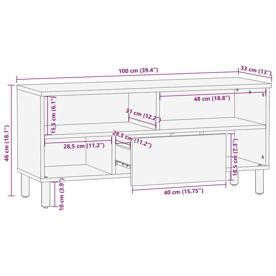 TV-kast met lade Witte Was Afwerking 100 x 33,5 x 46 cm