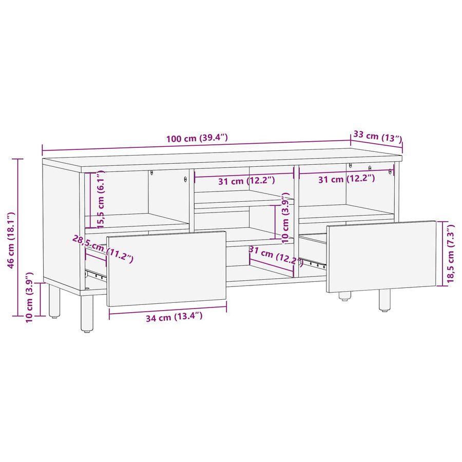 TV-kast met lade Witte Was Afwerking 100 x 33,5 x 46 cm