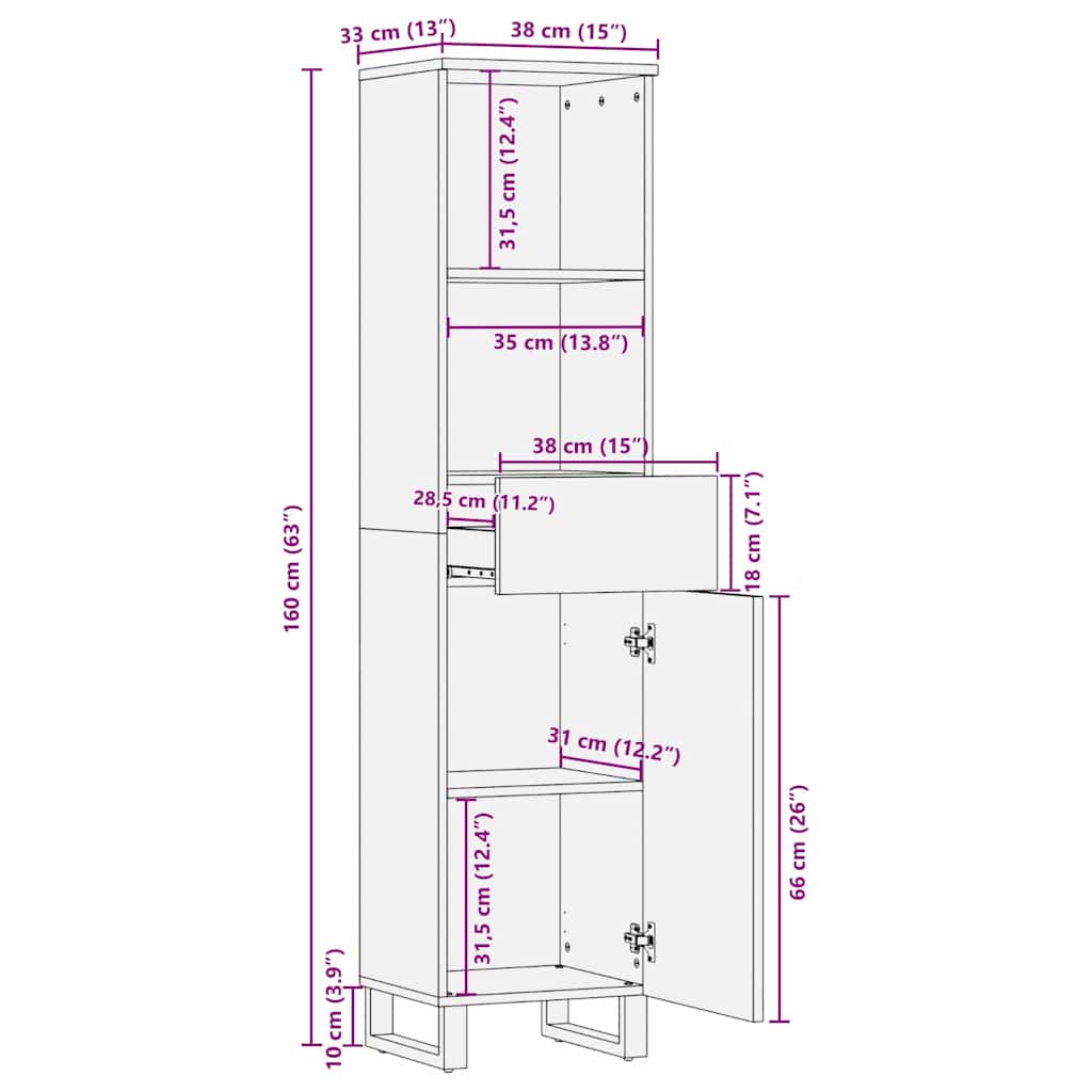 Badkamermeubelsets met lade met plank Gestreept met opslag met de deur Bruin 38 x 33 x 160 cm