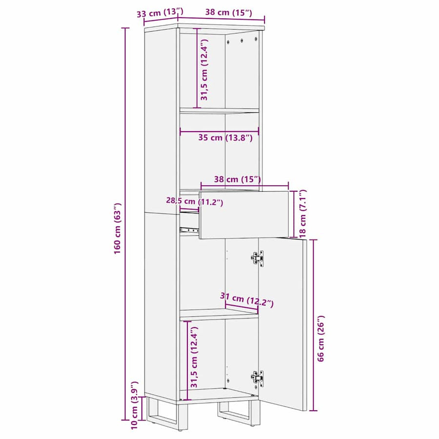 Badkamerkast Bruin 38 x 33 x 160 cm Massief Mango Hout