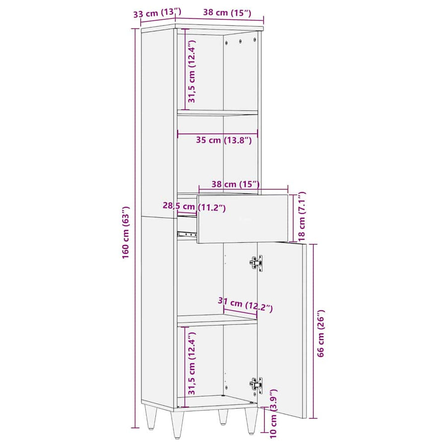 Badkamerkast met lade Licht Bruin 38 x 33 x 160 cm Bewerkt hout