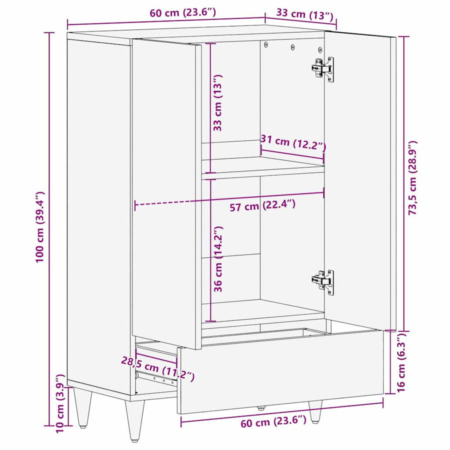 Highboard Lichtbruin 60 x 33 x 100 cm massief mangohout