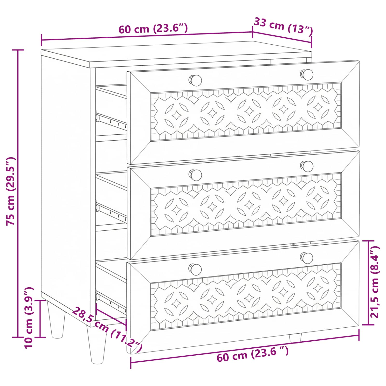 Dressoir met lade Wit 60 x 33 x 75 cm massief mangohout