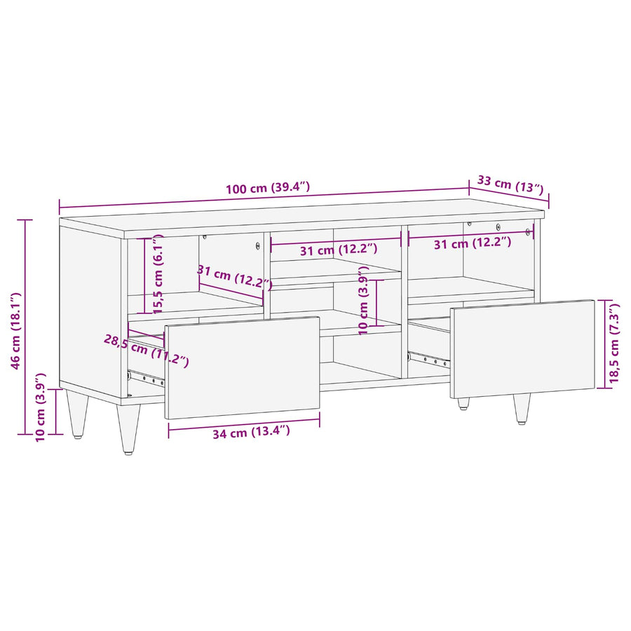 Tv-Kast 100 X 33,5 X 46 Cm Massief Mango Hout