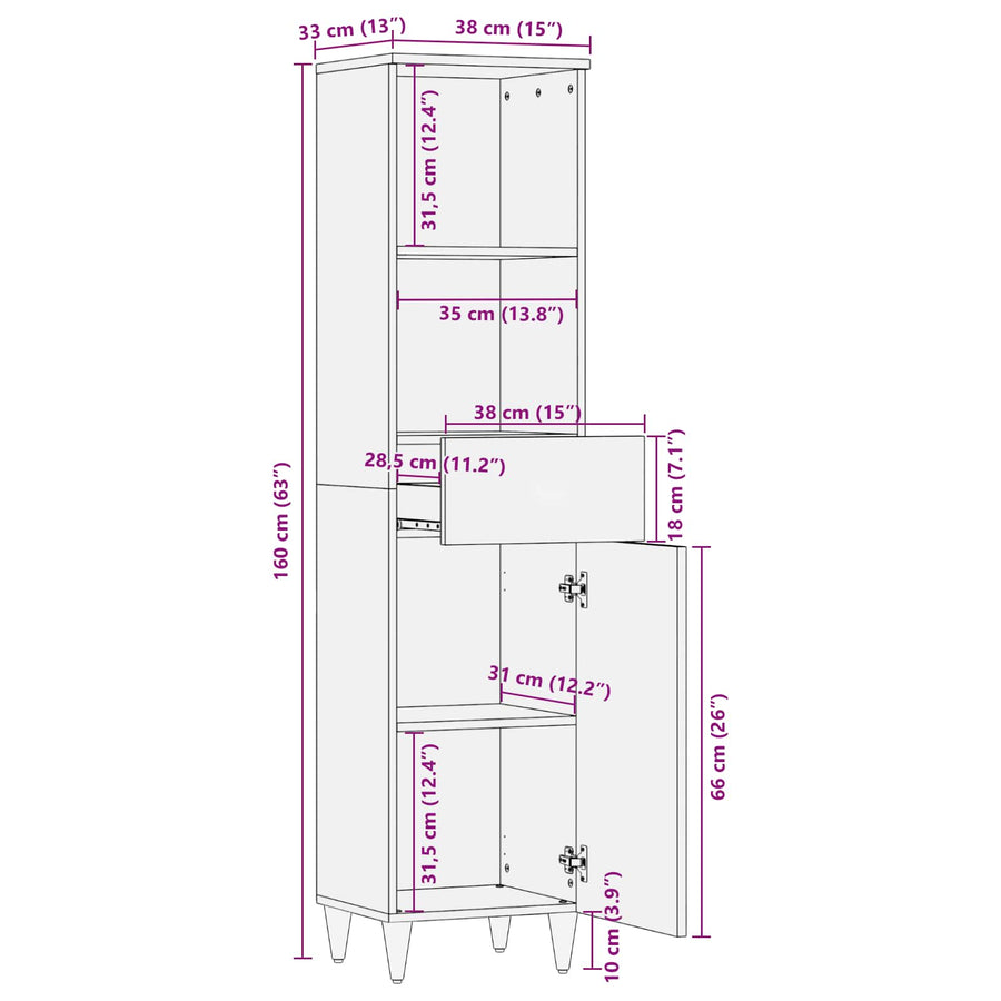 Badkamerkast Met Lade Met Plank 38 X 33,5 X 160 Cm