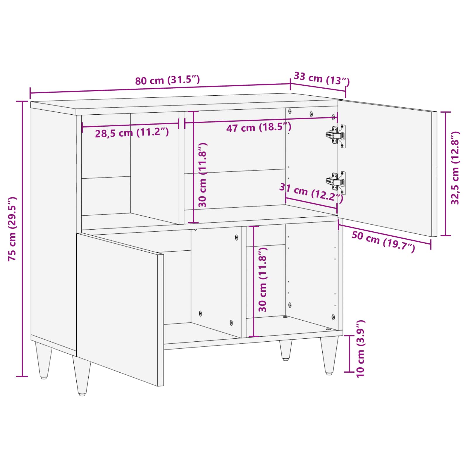 Dressoir 80 X 33,5 X 75 Cm Massief Mango Hout
