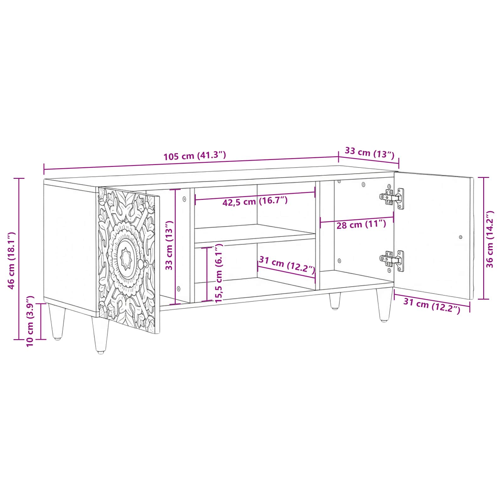 TV-kast met opslag Bruin 105 x 33,5 x 46 cm Massief Mango Hout