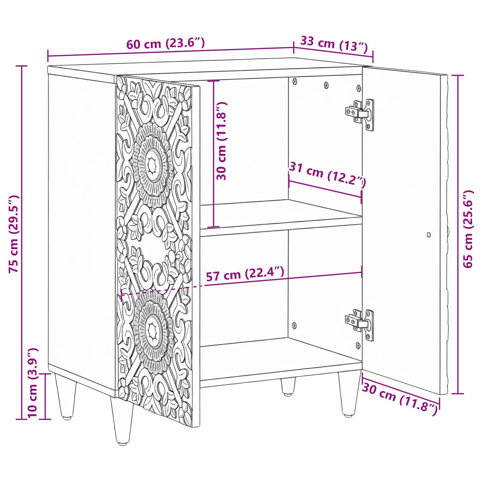 Opslag Dressoir Bruin 60 x 33,5 x 75 cm Massief Mango Hout