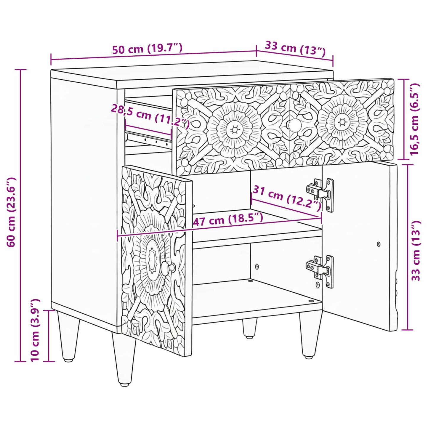 Bed kast met lade Bruin 50 x 33 x 60 cm Massief Mango Hout