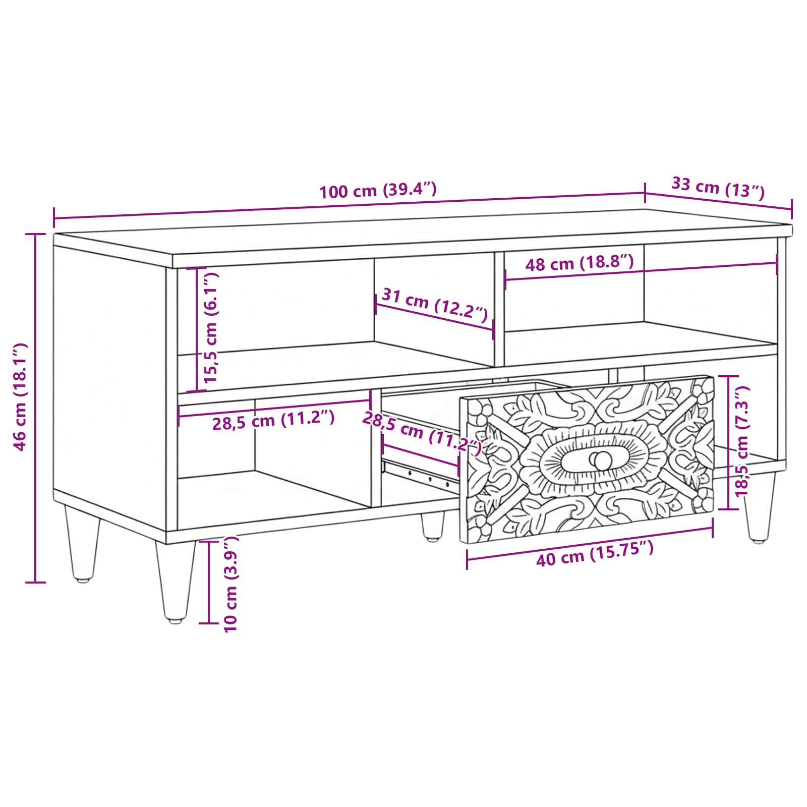 TV-kast met lade Bruin 100 x 33,5 x 46 cm Massief Mango Hout