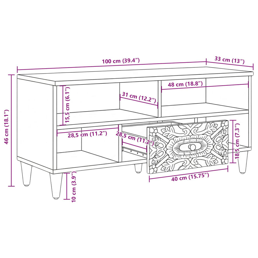 TV-kast met lade Bruin 100 x 33,5 x 46 cm Massief Mango Hout