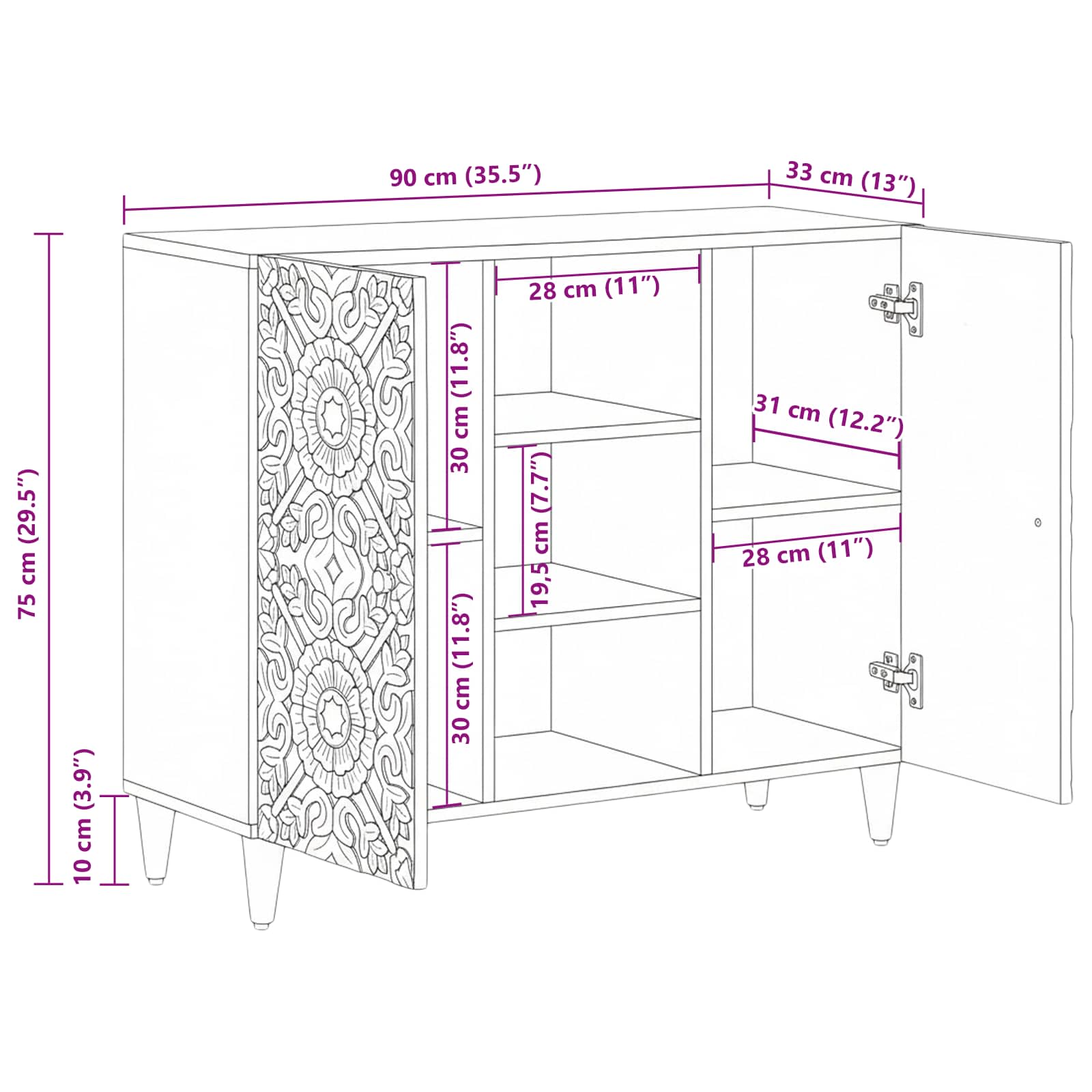 Dressoir met plank Bruin 90 x 33,5 x 75 cm Massief Mango Hout