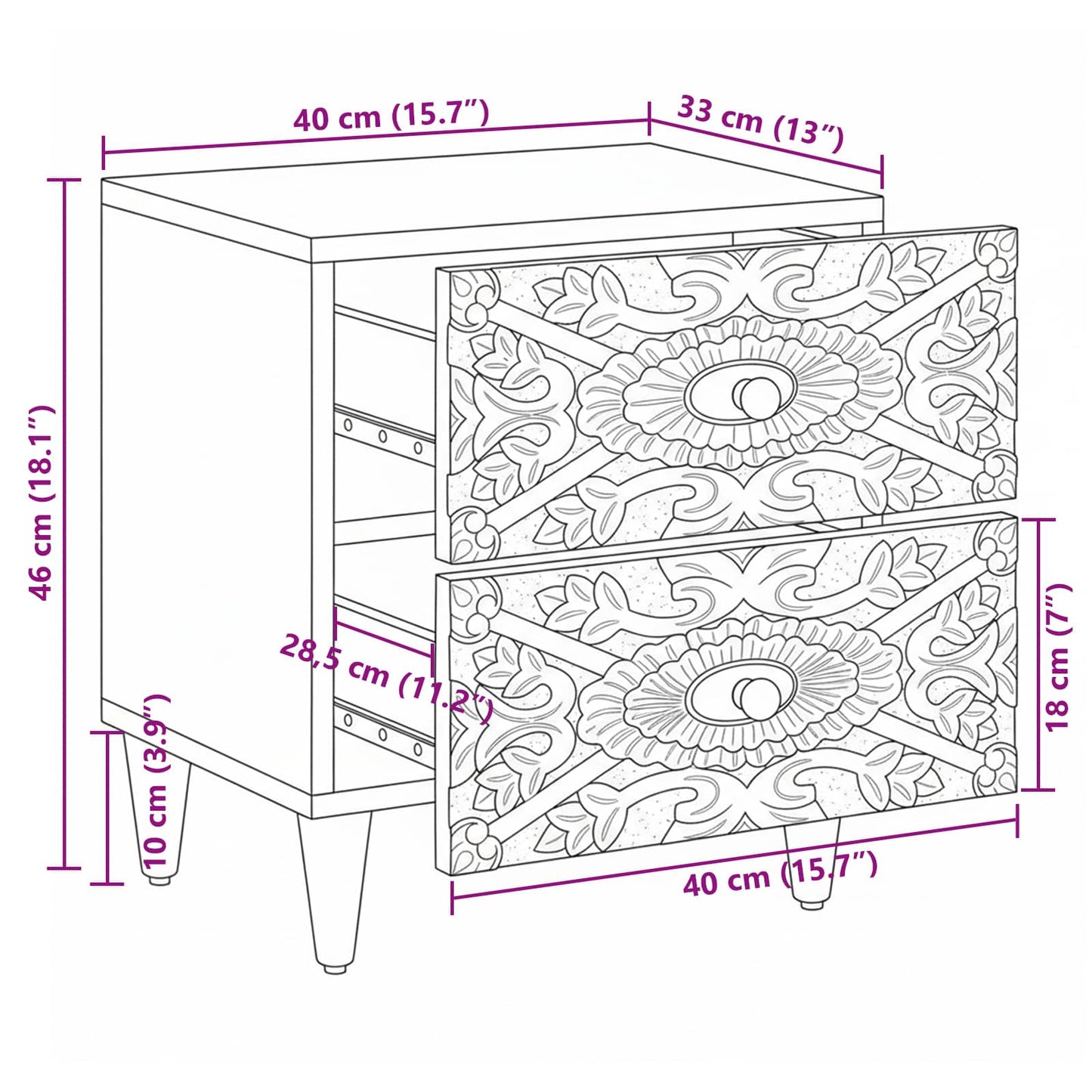 Nachtkastje 2 pcs Wit 40 x 33,5 x 46 cm Massief Mango Hout