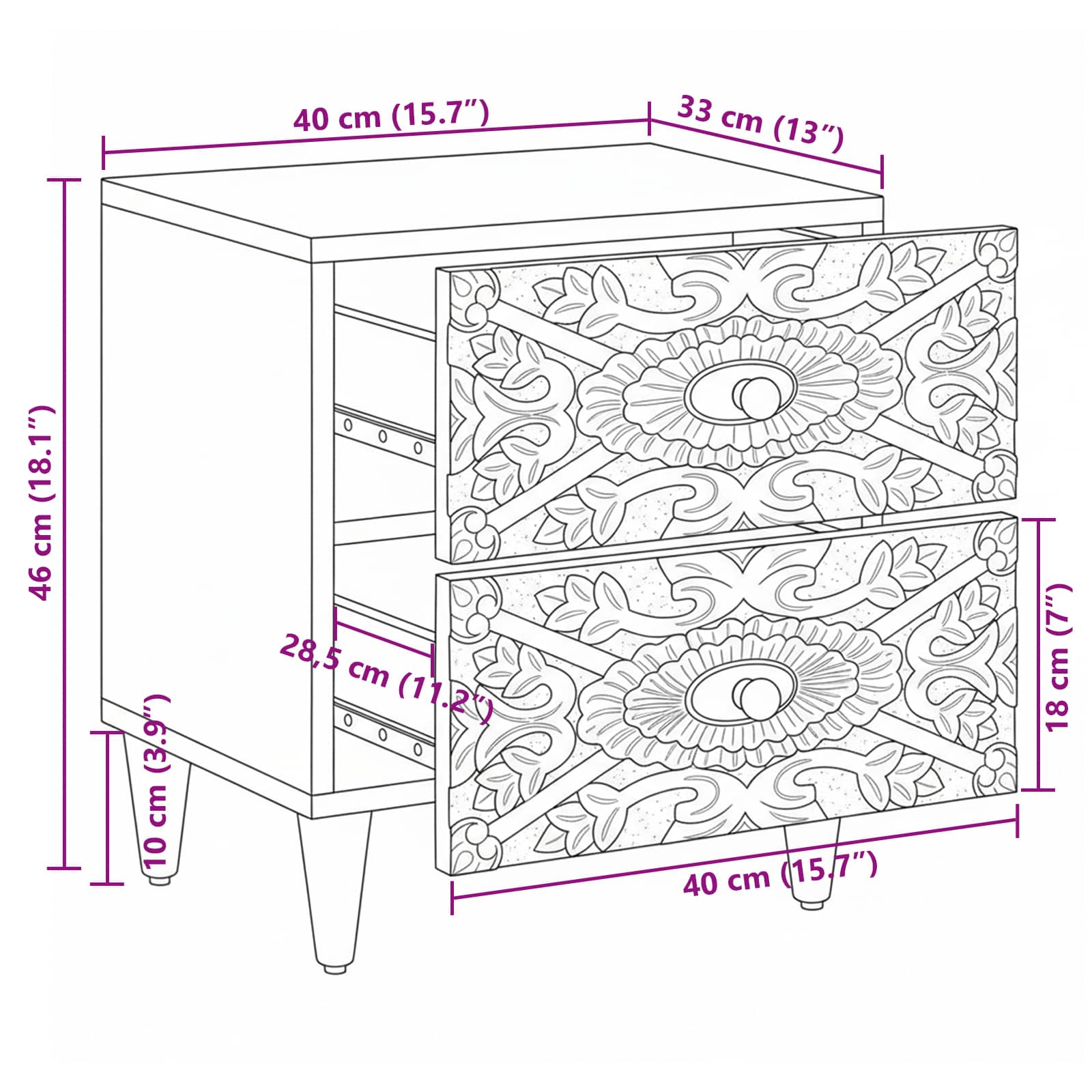 Nachtkastje 2 pcs Wit 40 x 33,5 x 46 cm Massief Mango Hout