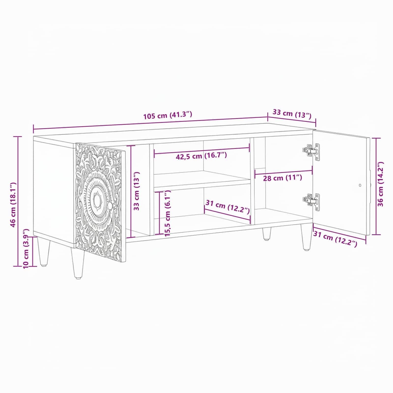 TV-kast met opslag Wit 105 x 33,5 x 46 cm Massief Mango Hout