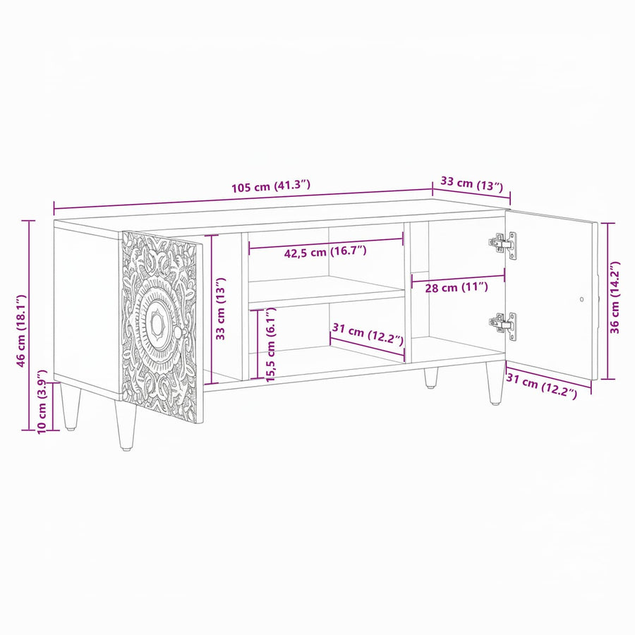 TV-kast met opslag Wit 105 x 33,5 x 46 cm Massief Mango Hout