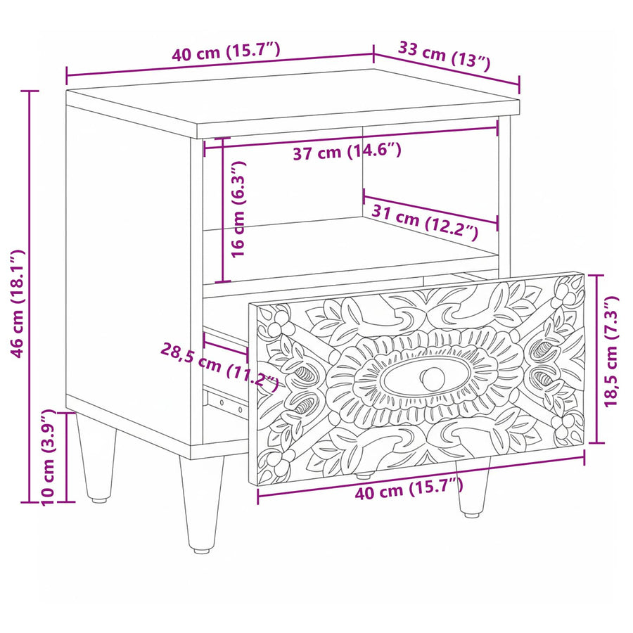 Bed kast met lade Wit 40 x 33 x 46 cm Massief Mango Hout