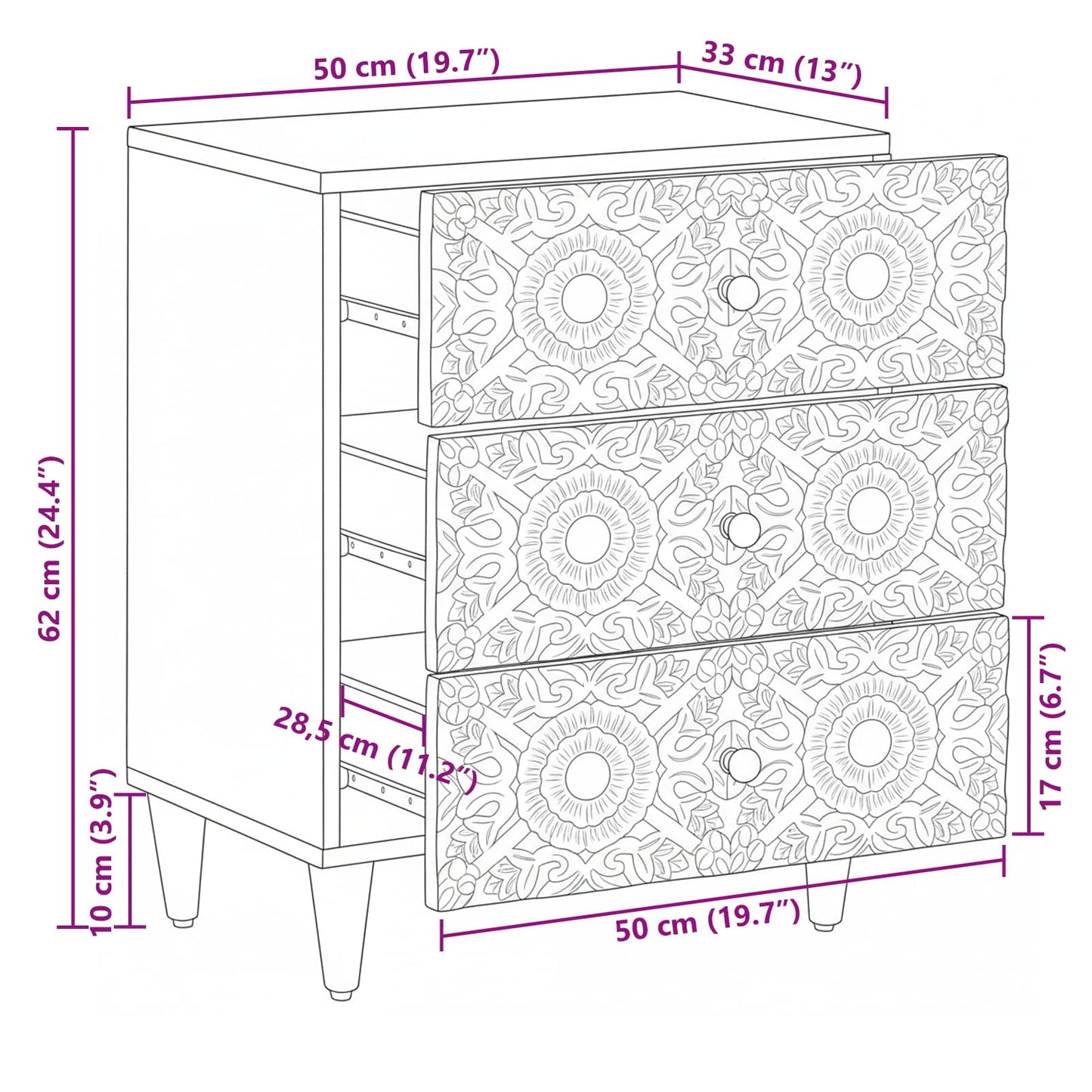Bed kast met lade Wit 50 x 33 x 60 cm Massief Mango Hout
