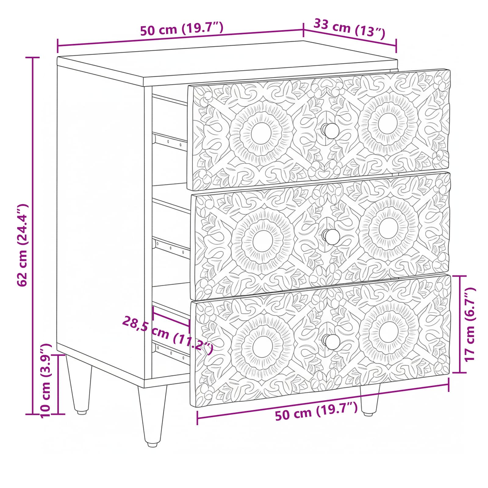 Bed kast met lade Wit 50 x 33 x 60 cm Massief Mango Hout