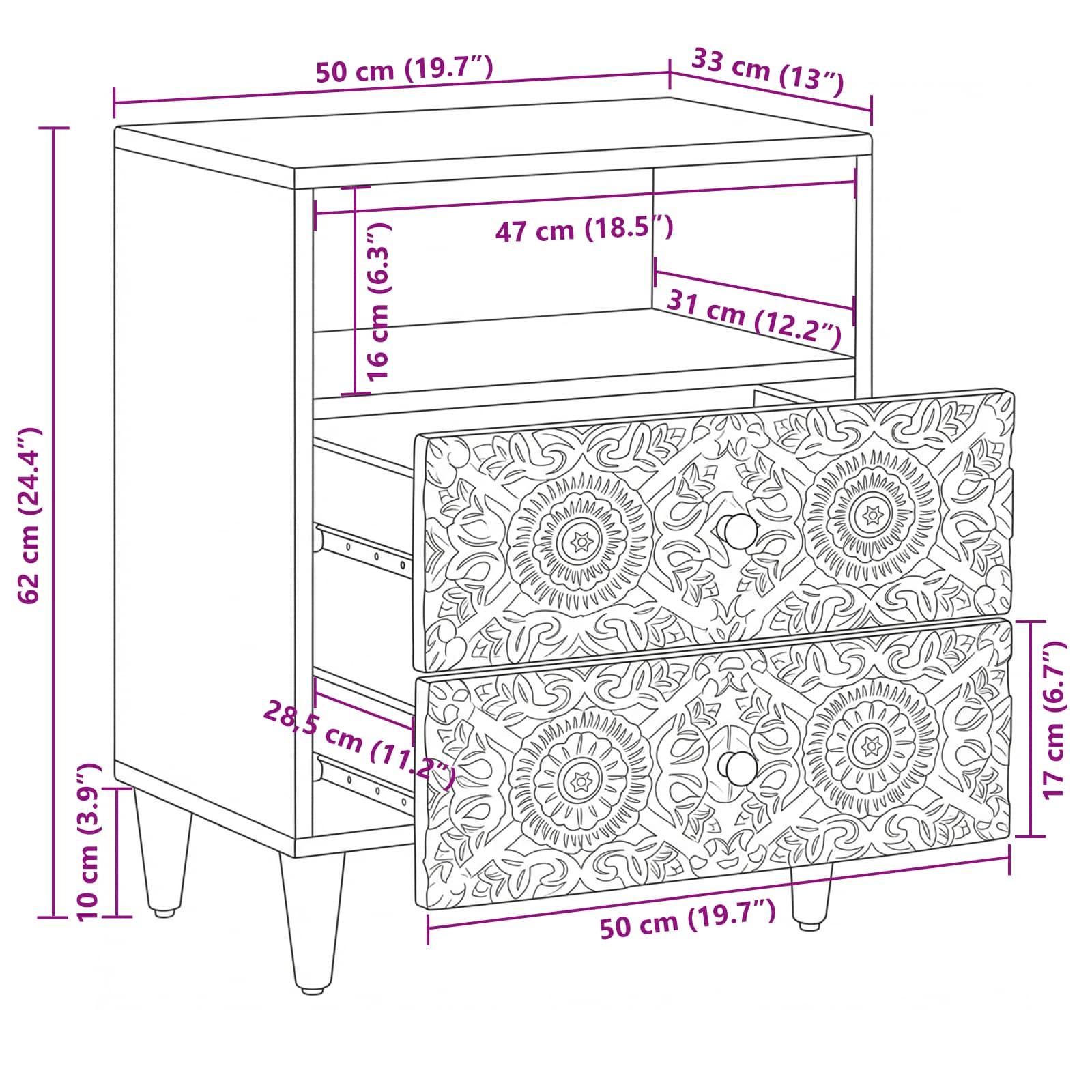 Bed kast met lade Wit 50 x 33 x 60 cm Massief Mango Hout