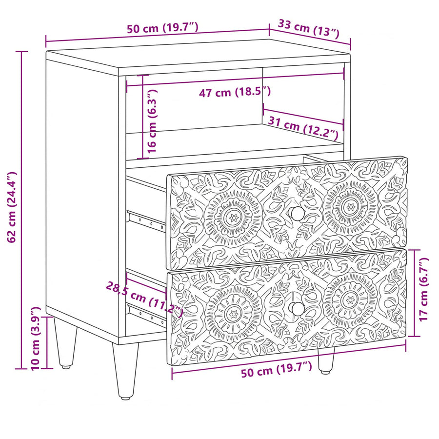 Bed kast met lade Wit 50 x 33 x 60 cm Massief Mango Hout
