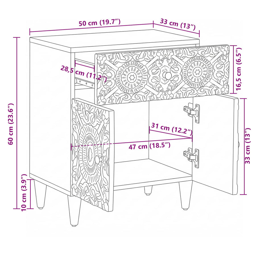 Bed kast met lade Wit 50 x 33 x 60 cm Massief Mango Hout