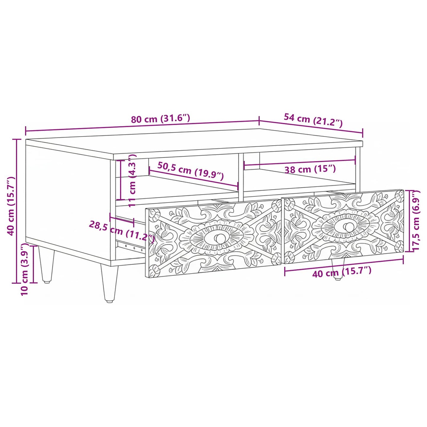 Salontafel met lade Wit 80 x 54 x 40 cm Massief Mango Hout