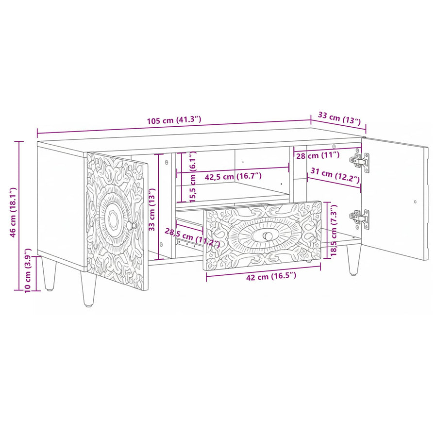 TV-kast met lade Wit 105 x 33,5 x 46 cm Massief Mango Hout