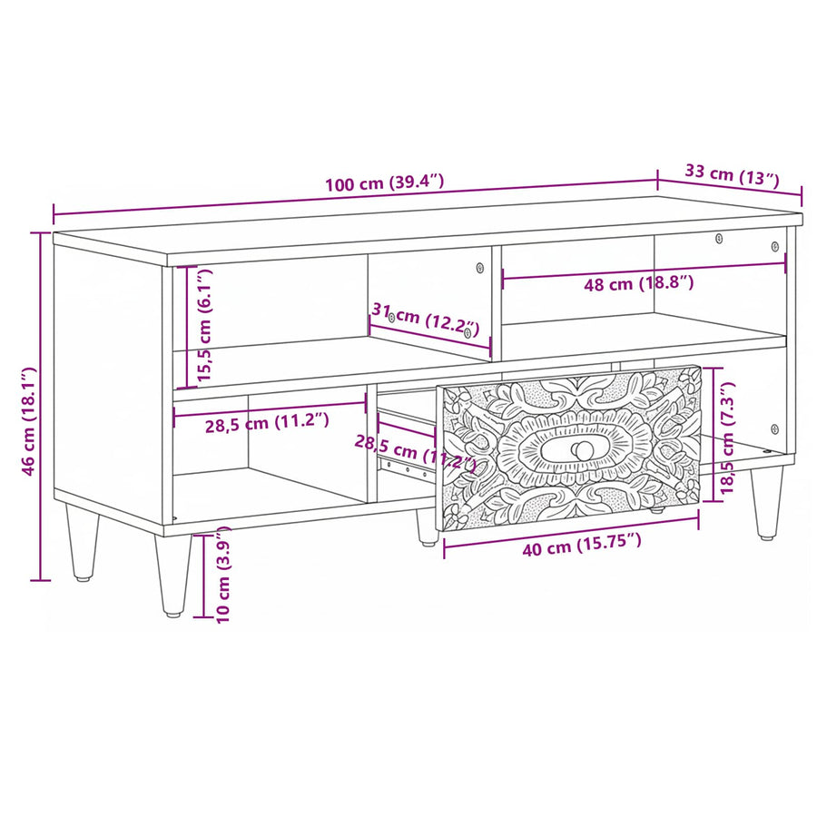 TV-kast met lade Wit 100 x 33,5 x 46 cm Massief Mango Hout