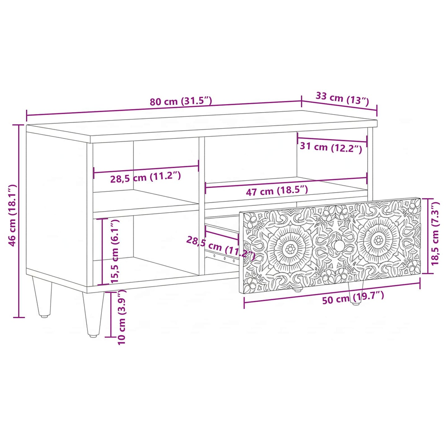TV-kast met lade Wit 80 x 33,5 x 46 cm Massief Mango Hout