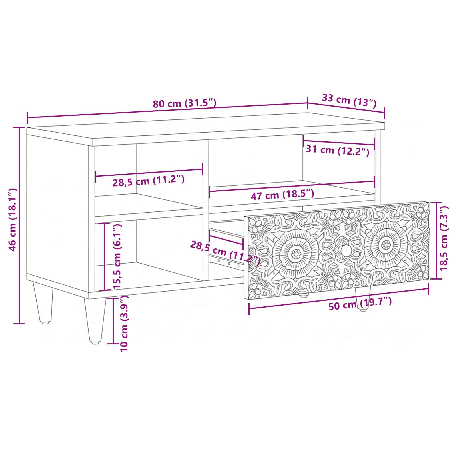 TV-kast met lade Wit 80 x 33,5 x 46 cm Massief Mango Hout