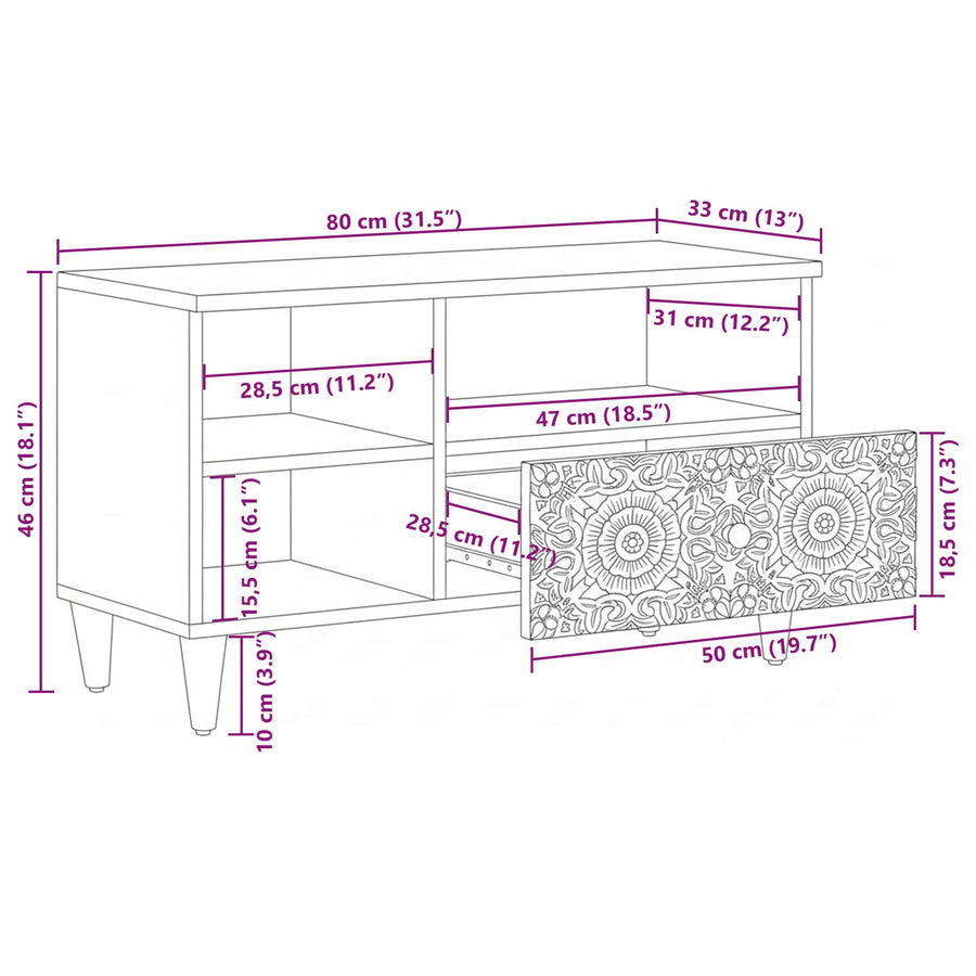 TV-kast met lade Wit 80 x 33,5 x 46 cm Massief Mango Hout