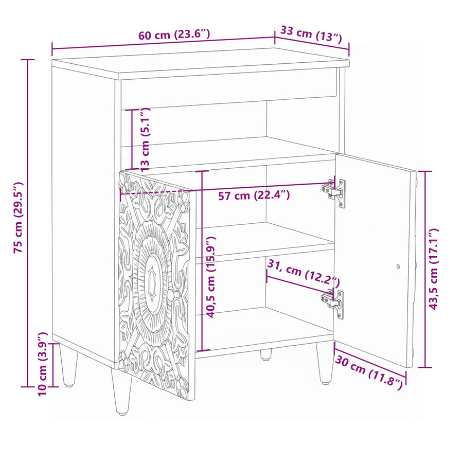 Dressoir met opslag Wit 60 x 33,5 x 75 cm Massief Mango Hout