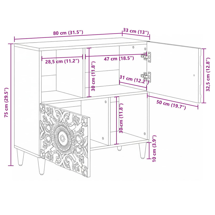Dressoir met opslag Wit 80 x 33,5 x 75 cm Massief Mango Hout