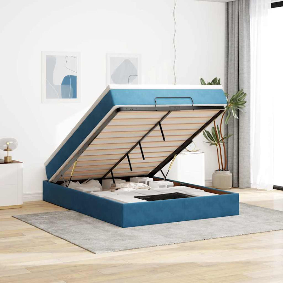 Ottoman bed met matras 140x200cm fluweel donkerblauw