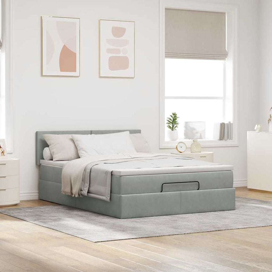 Ottoman bed met matras 140x190cm fluweel lichtgrijs