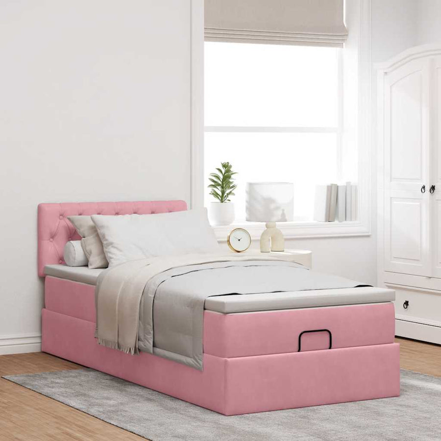Ottoman bed met matras 90x200cm fluweel roze